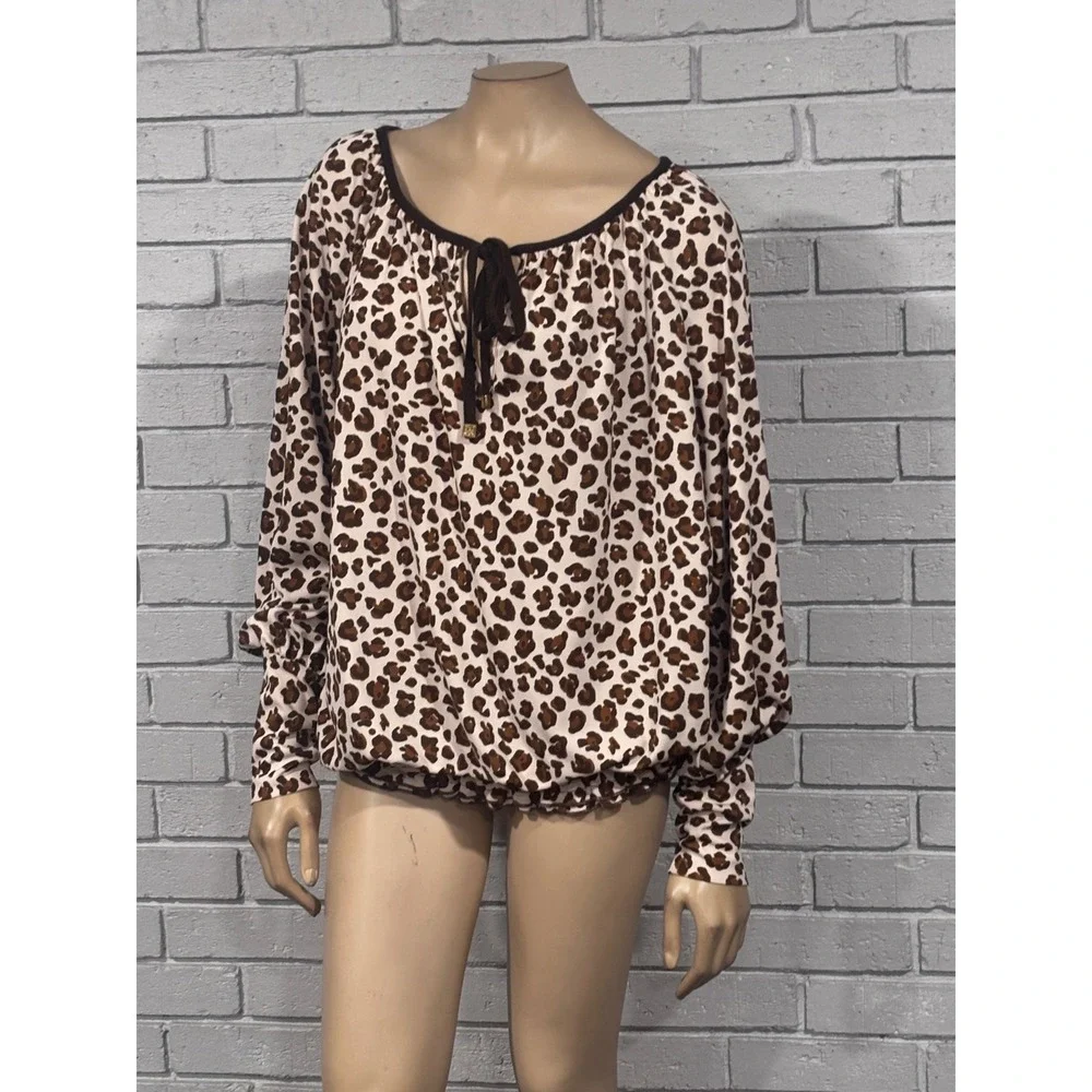 Tory Burch Brown White Leopard Long Sleeve Bubble Hem Blouse Old Money Preppy L